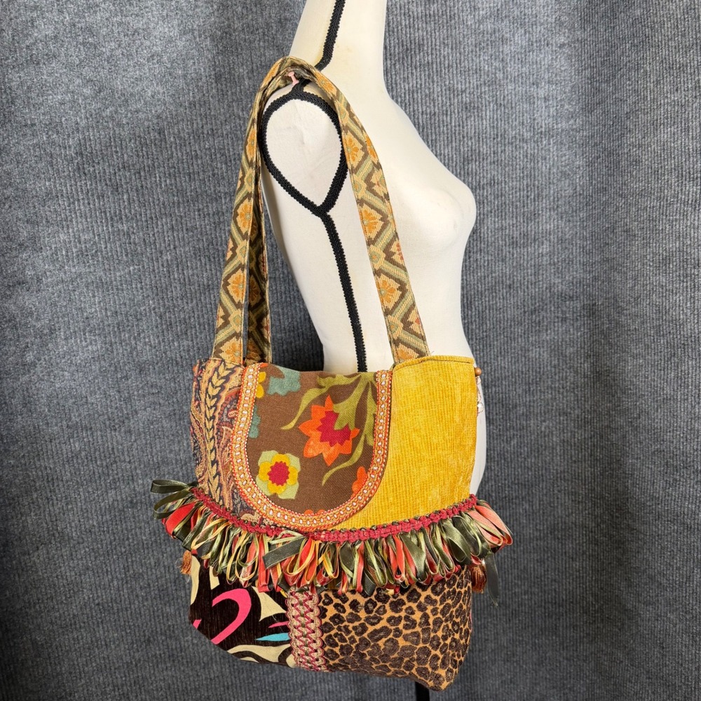 Uniquely Handmade Tapestry Tote Bag Large Patchwork Fringe Beads Whimsigoth